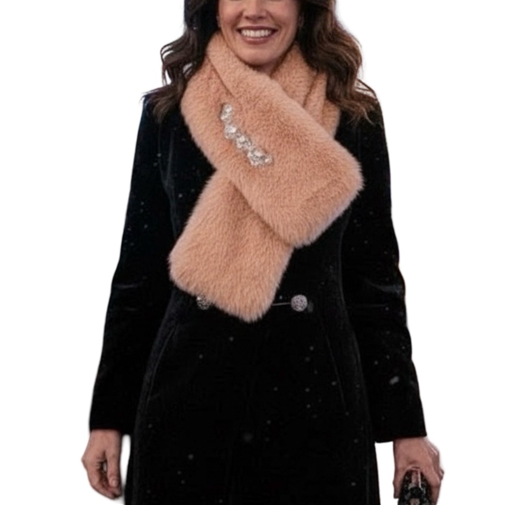 B024  Peach Faux Fur Scarf Pearl Embellishment elegant feminine  Cozy Neck Wrap - Picture 2 of 4